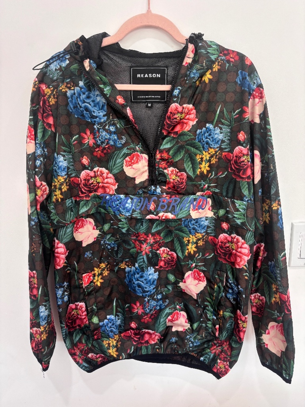 Reason Brand Floral Windbreaker Men Medium Black Rose Half Zip Pullover Jacket